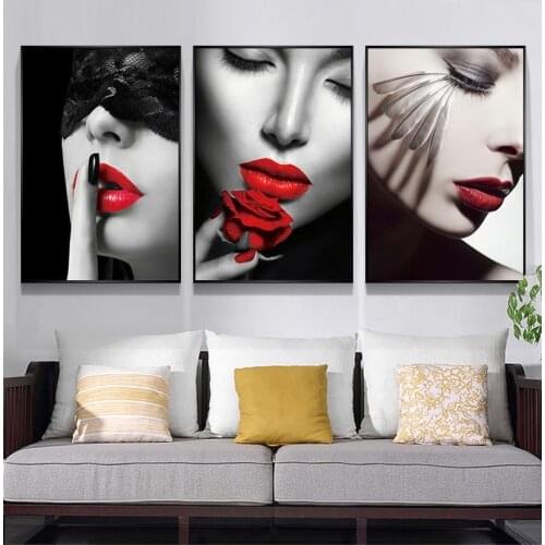 Living Room Decor Modern Fashion Sexy Red Lips Canvas Painting Smoking Women Posters and Prints Wall Art Picture Home Bar Decor