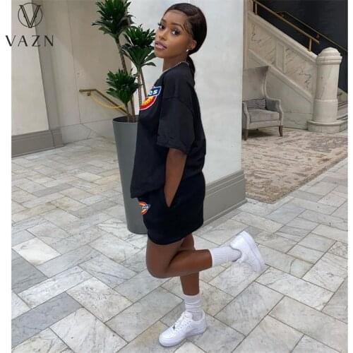 VAZN 2021 Hot Popular Black O-neck Letter Set Tracksuit Casual Daily Short Sleeve Top Short Pant Slim Women 2 Piece Set