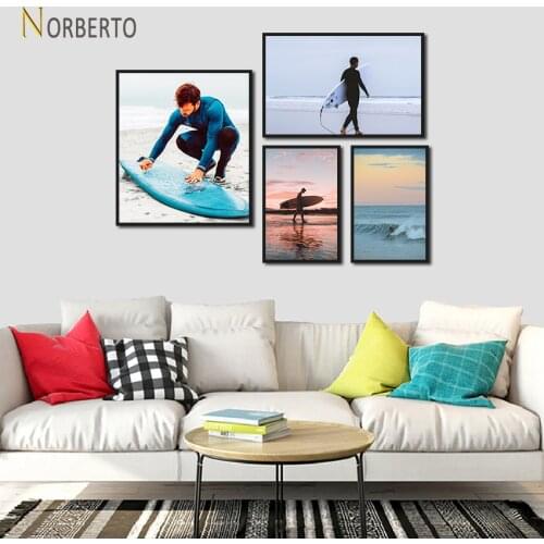 Modern Style Canvas Painting Poster Print Seaside Scenery Beach Surf Board Surfing Men for Living Room Bedroom Wall Decoration