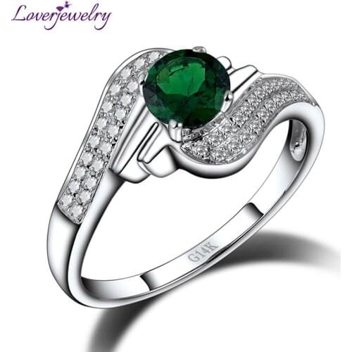 LOVERJEWELRY Party Ring Pure 14K White Gold Natural Green Tsavorite Anniversary Rings Pretty Diamond Fine Jewelry For Women Gift