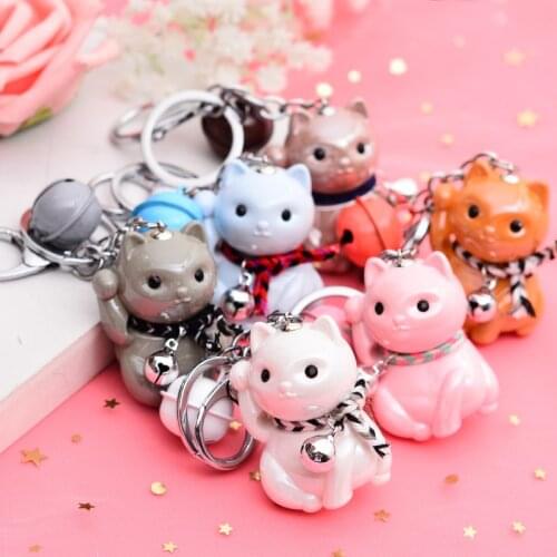 Korean 3D Animal Lucky Cat Keychain Cute Cartoon Couple Bell Acrylic Key Ring Holders Car Bag Hanging Trinket Fashion Charm Gift