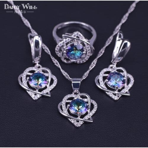 Rainbow Many colors Luxury Design Silver Color Jewelry Set for Women Heart shaped CZ Three piece suit Banquet Best Gift