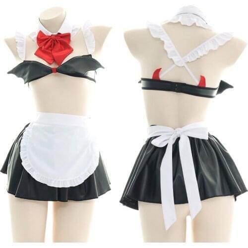 Womens Sexy Cosplay Steric Little Devil Wing Patent Leather Maid Apron Costume Gothic Retro Punk Lolita Underwear Suit 2021 New