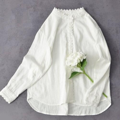 Lamtrip Unique Cotton Yarn Stand Collar Lace Edge Long Sleeve White Shirt Blouse 2021 Sping