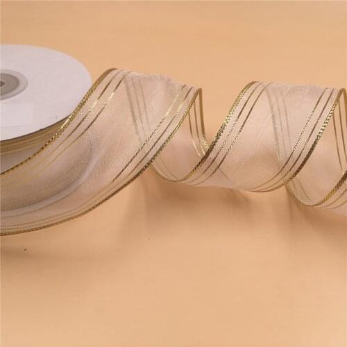 N2111 38MM Gold lurex edge white organza ribbon with wired edges for gift packaging 25yards roll
