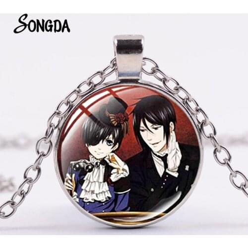 Trendy Black Butler Necklace Phantomhive Ciel Sebastian Anime Character Glass Photo Silver Plated Necklace for Men Women