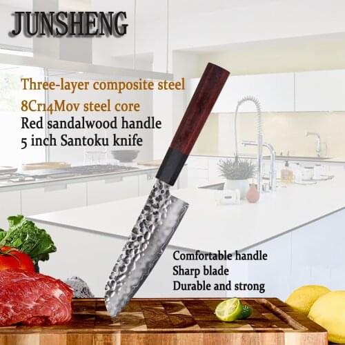 New 5-inch Hand-Forged Kitchen Knife Three-layer 8Cr14MoV Steel Core Chef Knife Professional Cooking Tool EDC Santoku Knife