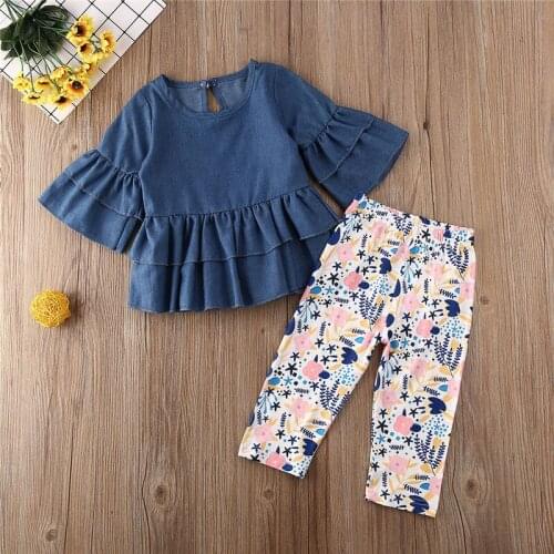 Toddler Kid Baby Girl free shipping Clothes Ruffle solid pullover round neck long sleeve Tops Floral print Pants 2pc cute outfit