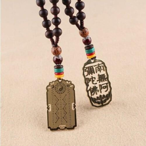 National style Amitabha wooden pendant necklace hand-woven galvanized steel hollow tag long necklace with accessories