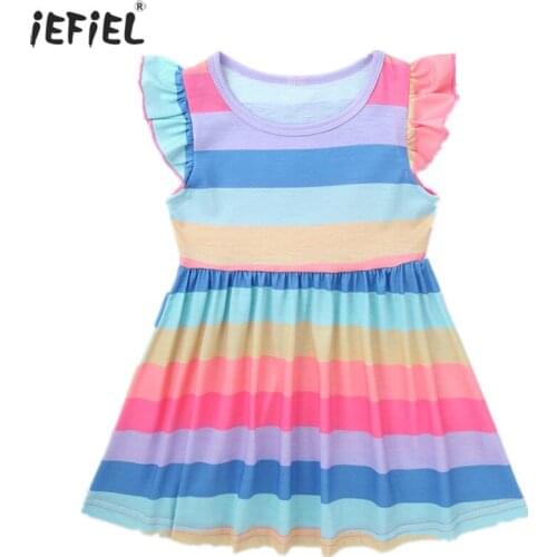 Casual Rainbow Stripe Baby Girl Dress Summe Cute Short Flying Sleeve Princess Baby Dress Newborn Toddler Baby Girls Dress