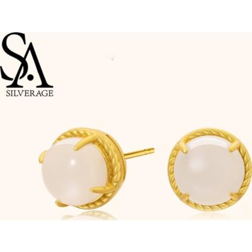 SA SILVERAGE 2020 Original Design Simple Female Sunflower Jade Earrings Hetian Jade Suet White Jade 925 Sterling Silver