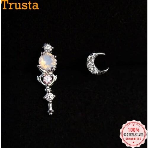 TrustDavis Real 925 Sterling Silver Fashion Asymmetric Mace Moon Charm Stud Earrings For Women Wedding Party Fine Jewelry DB1402