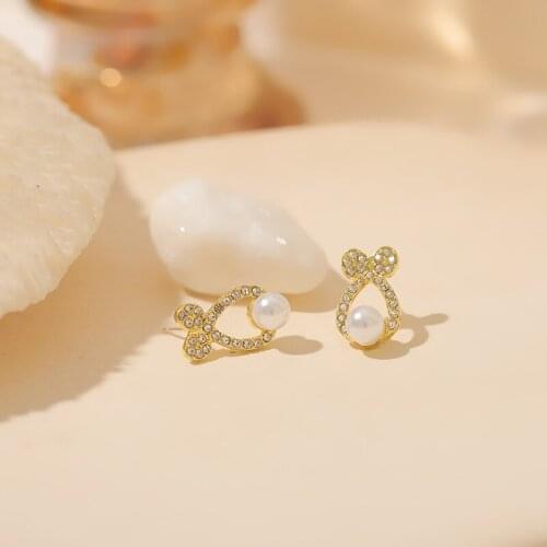 Rhinestone Bow-Knot Stud Earrings Heart-Shaped Pearl Golden Ear Studs Fashion Party Women Stud Earrings Girl Gifts For Friends