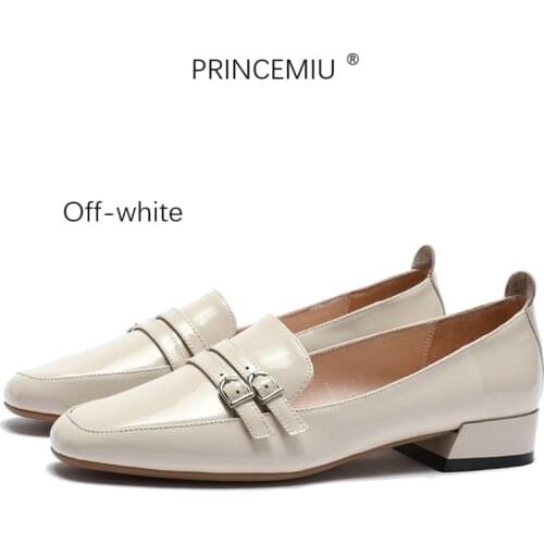 Womens Single Shoes Low Heels Genuine Leather Shallow Mouth Casual Retro B ritish Style Square Toe Metal Buckle Ladies Pumps
