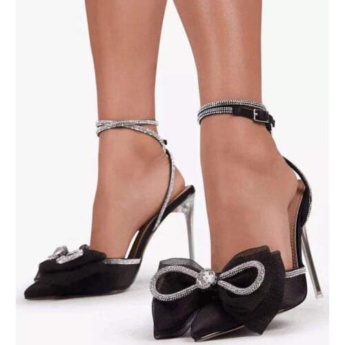 2021 Rhinestones Lace Bowknot Women Pumps Elegant Thin heeled Ankle strap buckle Summer Stain High heels Wedding Bridal Shoes