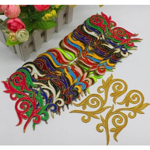 YACKALASI 10 Pairs/Lot Mirror Pair Gold Trims Embroidery Appliqued Iron On Patches Metallic Gold applique 13.5cm*4.5cm