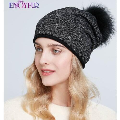ENJOYFUR Fashion Winter Hats For Women Knitted Real Fur Pompom Hat Thick Warm Wool Beanies
