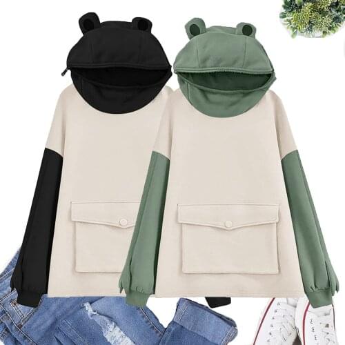 Frogs Hoodie Women Fashion Oversized Harajuku Hooded Sweatshirts Cute Design Print Long Sleeve Pullover Pocket Hoodies Tops N4