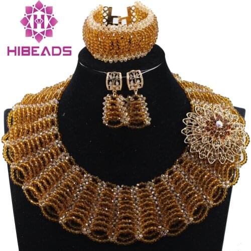 2017 Indian Bridal Costume Jewellery Sets Coffee Brown New Gold Chunky Bib Crystal Beads Women Jewelry Sets Free Shipping ABH388