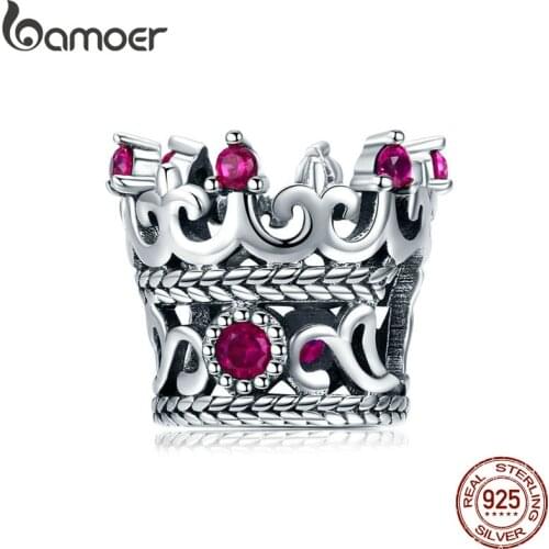 BAMOER Trendy 925 Sterling Silver Queens Crown Pink CZ Crystal Charm Beads Fit Women Bracelets Bangle DIY Jewelry Making SCC776