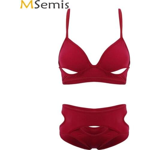 Womens Hot Ultra-thin Silky Lingerie Set Erotic Hollow Out Nipples Deep V Bra with Cutout High Waist Briefs Femme Sexy Nightwear