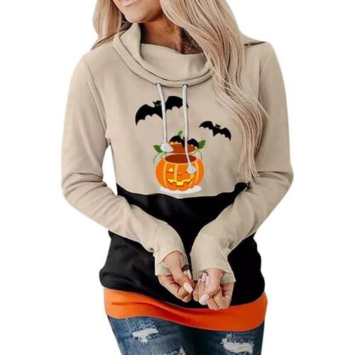 Women Leisure Sweatshirt Contrast Color Halloween Costumes Element Printing Women Long Sleeve Drawstring Sweatshirt Pullover