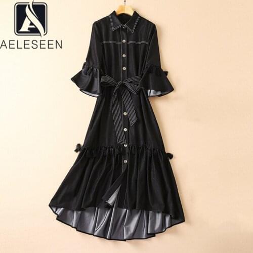 AELESEEN High Quality Women Denim Dress Autumn New Arrival Flare Sleeve Striped Sashes Long Party Dovetial Irregular Dress