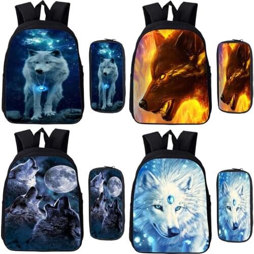 Teenage Wolf 3D Print Backpack Animal 2 Pcs Set School Bags For Boys Girls Book Bags Cute Pen Bags Cool Mochila Laptop Rucksack