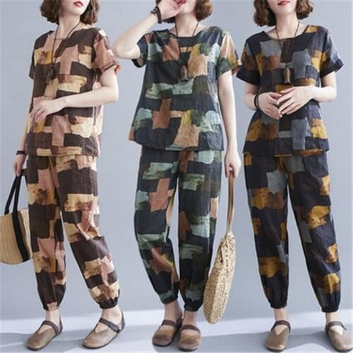 2021 Summer Fashion New Plus Size Women Clothing Round Neck Top + Nine-Point Harem Pants Floral Two-Piece Suit Trend H049