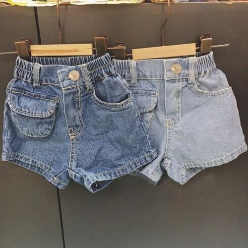Children 2021 New Casual Pants for Boys and Girls Elastic Waist Pocket Cotton Solid Button Washed Denim Shorts