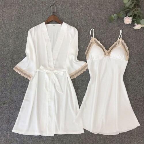 Women Kimono Bathrobe Gown White Satin 2PCS Sleep Set Bride Bridesmaid Wedding Robe Silky Nighty&Robe Suit Intimate Lingerie