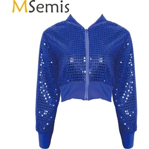 Womens Shiny Sequins costume hiphop jazz star dance V-neck Long Sleeves Crop Top Coat for Hip-hop Jazz Dance Stage Performance