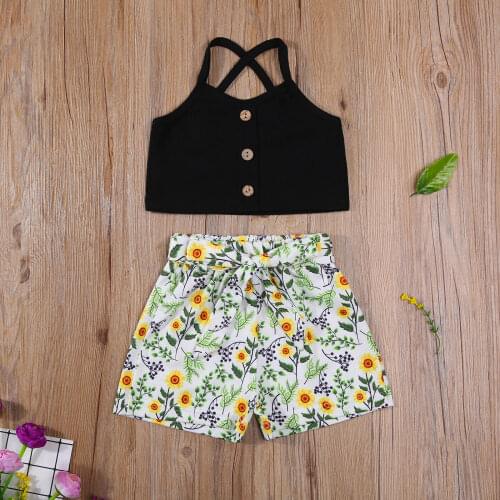Summer Girls Casual Three-piece Clothes Set Black Sleeveless Boat Neck Tops Floral Printed Pattern Shorts and Waistband