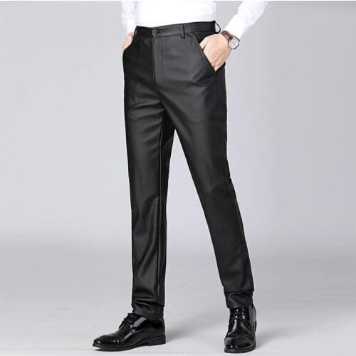 Summer Black Leather Pants Mens Thin Slim PU Leather Pants Single-Layer Loose Straight High Street Full Length Faux Leather