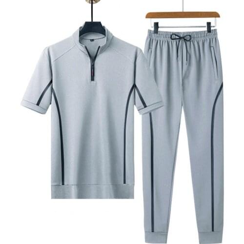 Men Sportswear Zipper Drawstring Loose Stand Collar Short Sleeve T-shirt Pants Set for Fitness