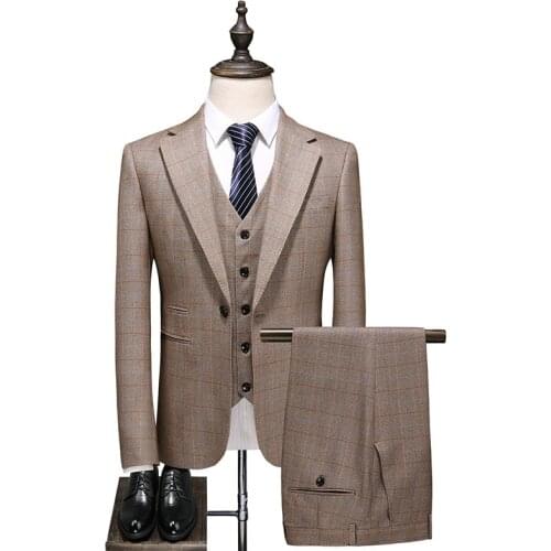 British Mens Wedding Tuxedo Kaki Plaid Suits Slim Fit Office Business Man 3 Pcs Blazer Set Formal Party Prom Costume Terno Male