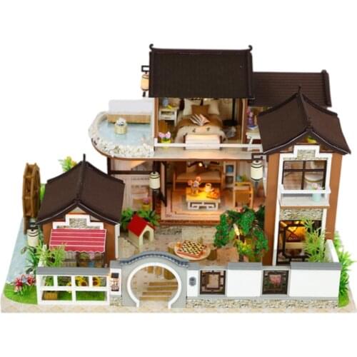 Dream in Ancient Town Doll House Furniture Kit DIY LED Light Loft Miniature Wooden Building Kits Dollhouse Toys for Xmas Gifts