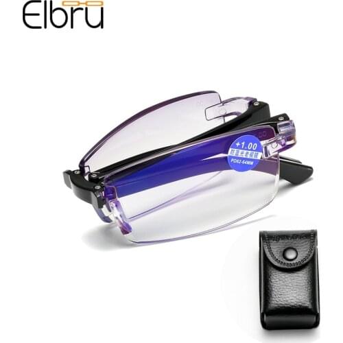 Elbru Anti Blue Light Rimless Reading Glasses Men Women Ultralight Frameless Foldable Presbyopic Glasses 1.0 to 4.0 With Case