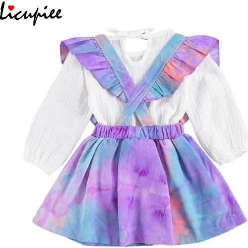 Toddler Girls Clothing Set Print Full Sleeve Outfits Sets Long Sleeve Blouse + Tie Dye Suspender Skirt 2 Pcs Clothes 1-6 Year