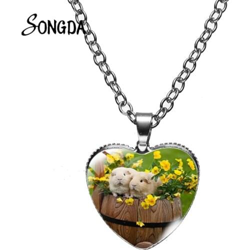 Kawaii Guinea Pig Heart Pendant Necklace Crystal Cabochon Art Photo Choker Fashion Animal Jewelry Gift For Women Kids Accessorie