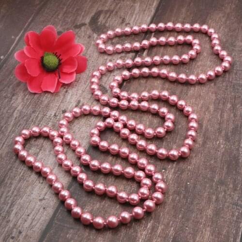 Lovely Pink Long Necklace Simulated Pearl Shell Beads Strand Chain Necklaces Round Glass Pearls Statement Women Jewelry 56" A970