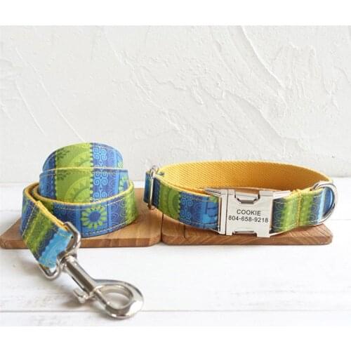 Personalized Pet Collar Customized Nameplate ID Tag Adjustable Yellow Ethnic National Style Cat Dog Collars Lead Leash Set