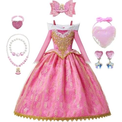 Girls Sleeping Beauty Aurora Dress Long Sleeves Off Shoulder Lace Robe Kids Gorgeous Christmas Gift Fancy Princess Party Outfits