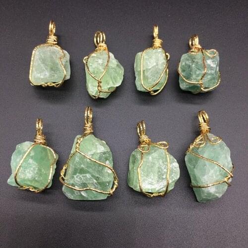 Handmade Wire Wrapped Gold Color Nuggets Irregular Original Stone Natural Green Fluorite Quartz Stone Pendants Women Jewelry
