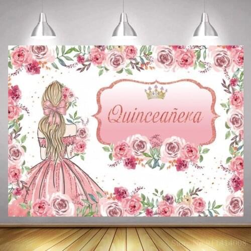Pink Beauty Flowers Sweet 15 16TH Quinceanera Prom Birthday Party Backdrops Wall Poster Photography Girl Princess Backgrounds