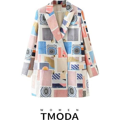 TMODA414 Women Printed Hit Color Leisure Blazer New Lapel Long Sleeve Loose Fit Jacket Fashion Tide Spring Autumn 2021