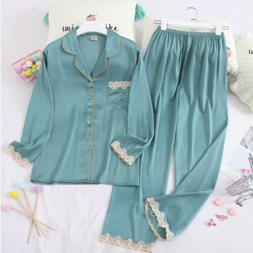 Faux Silk Satin Pajamas for women Autumn Long Sleeve Trousers Sleepwear Suit Spring Solid Pajamas Set Fashion Ladies Pyjamas