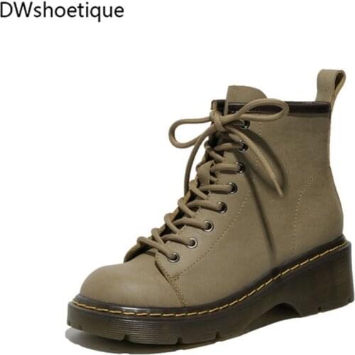 Genuine leather women martin boots lace up platform chunky heel women booties