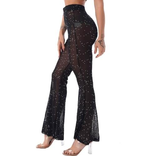 Women Chic Shiny Sequins High Waist Flared Pants Sparkle Sexy Party Club Rave Music Festival Transparent Mesh Wide Leg Trousers