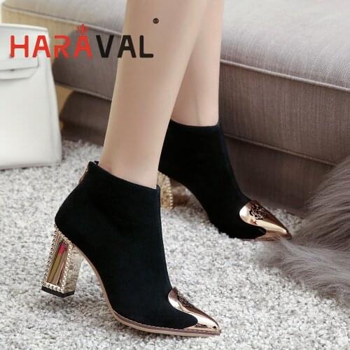 HARAVAL Women Ankle Modern Boots Cow Suede Pointed Toe HIgh Heels Fashion Elegant Sexy Boots Shoes Women Ankle Footwear E406L